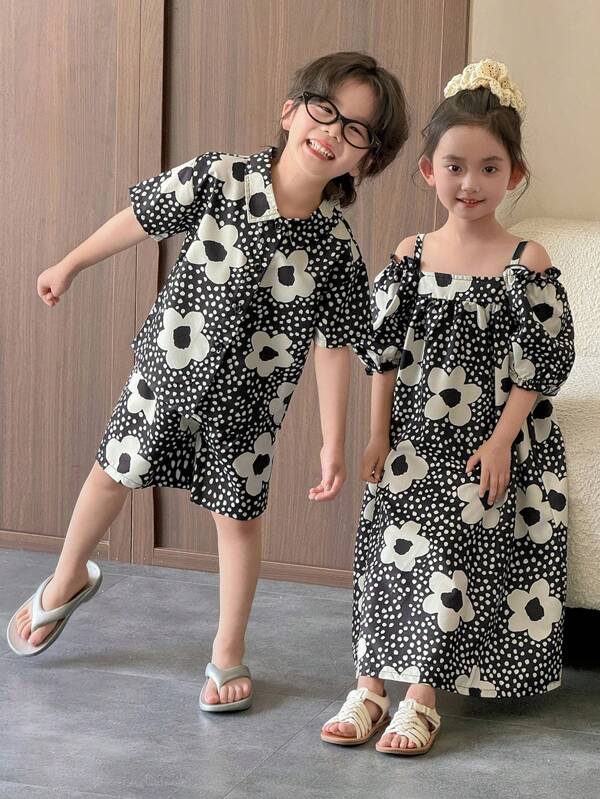 SHEIN Genkimix Kids Young Girl Cute Korean Style Floral Print Dress