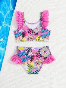 SHEIN Young Girl Allover Print Ruffle Trim Bikini Set, Suitable For Summer Vacation Beach - Multicolor - View 2