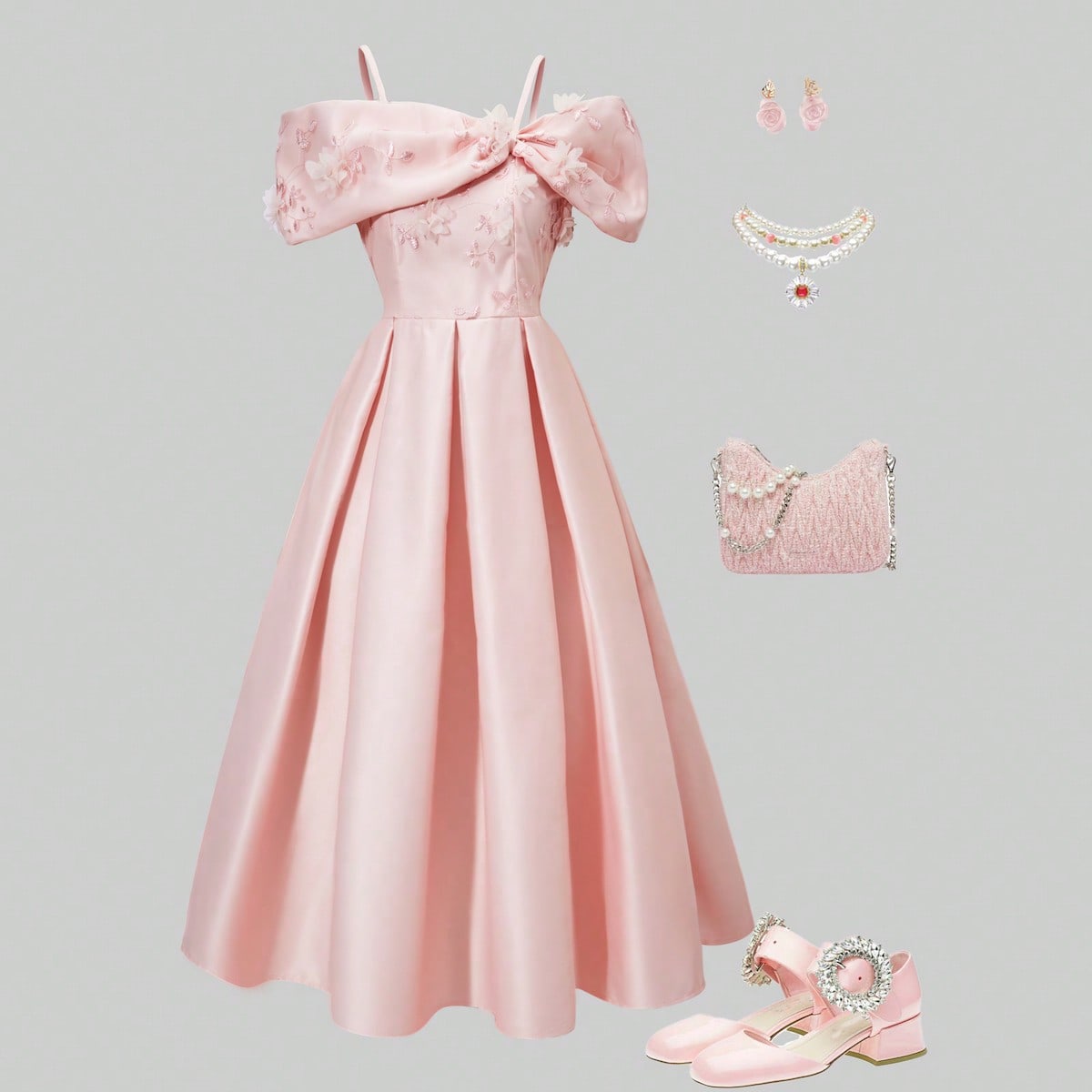 Vestido de adolescente con escote descubierto y corte ajustado y amplio con moño, color rosa, adecuado para fiesta