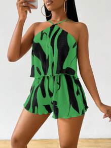 VaVaBold Women's Apricot Pleated Fabric Short Jumpsuit - Green - View 1