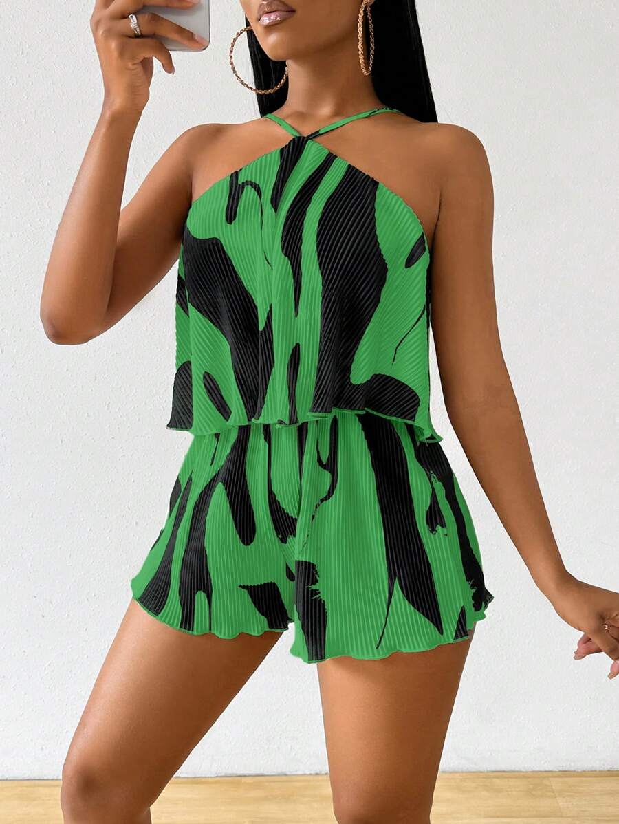 VaVaBold Women's Apricot Pleated Fabric Short Jumpsuit - Green - View 1