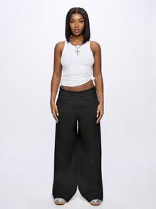 SUMWON WOMEN 超柔软阔腿休闲裤高腰宽松运动瑜伽健身裤带侧袋休闲日常舒适 - 黑色 - 查看 5