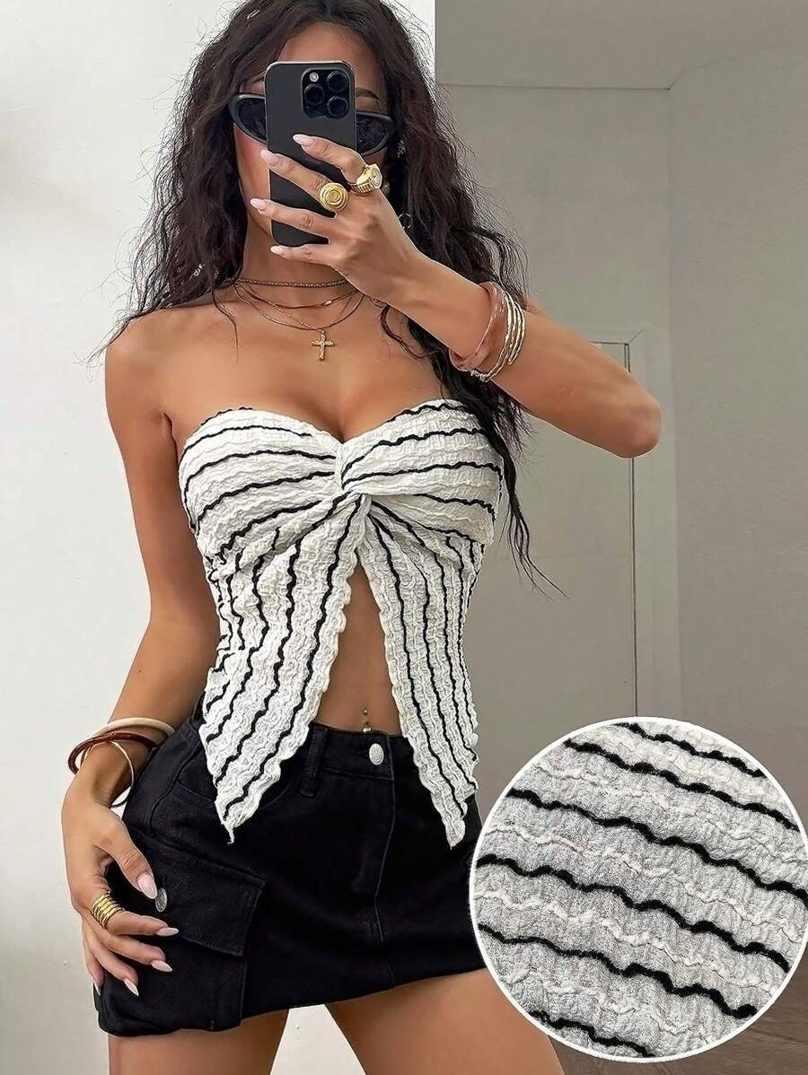 Coolane 女士夏季节日外出热带度假条纹弹力抹胸 - 黑與白 - 查看 1