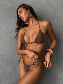 Aloruh 女士纯色挂脖分体泳衣比基尼套装，自系式沙滩装，树脂扣装饰，优雅性感 - 棕色 - 查看 6