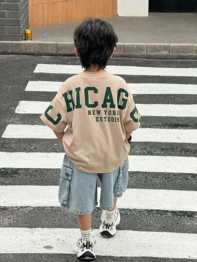 SHEIN 1 Piece Young Boy Casual Sports College Street Cute Vacation Loose Japanese And Korean Style Round Neck T-Shirt With Letters On The Back Suitable For Back To School Suitable For Birthday Parties, Evening Parties, Performances, Weddings, Baptisms, Opening Ceremonies Daily Suitable For Daily Use Suitable For School Suitable For Travel Suitable For Sports Suitable For Spring And Summer Seasons