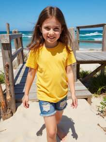 SHEIN Young Girl' Yellow Crew Neck Short Sleeve Basic T-Shirt Young Girls T Shirt Young Girls Summer T Shirt Kids - Yellow - View 5