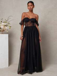 L'Amorae Vestido largo de noche sexy y elegante con hombros descubiertos, detalles de encaje y doble abertura lateral para invitados de boda - Negro - Ver 4