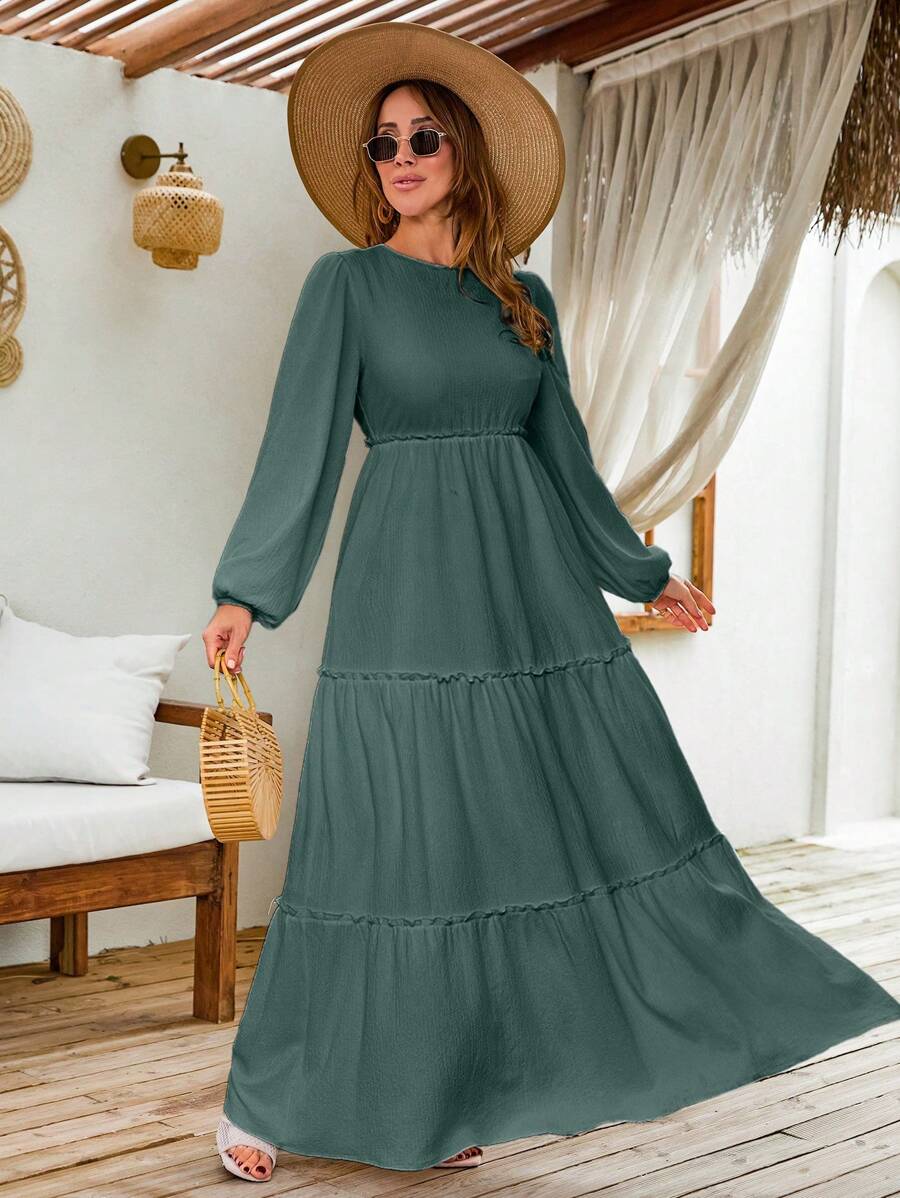 EURMUSE LANTERN LONG SLEEVE LAYERED LONG DRESS - Mint Green - View 1