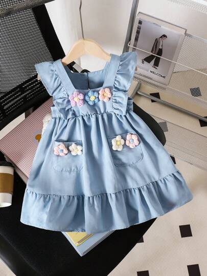 婴儿/幼儿女孩甜美 3D 花朵荷叶边下摆休闲连衣裙，非常适合夏季户外玩耍和场合