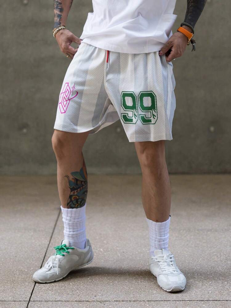 Men's Letter Print Sporty White Basketball Shorts, Summer