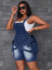SHEIN SXY Plus Size Women Elastic Skinny Overalls Shorts Crossover Buckle Cargo Design Vintage Washed Skinny Denim Bib Pants Autumn Outfits For Women Festival Outfits Cowgirl Outfits For Women Overall Club Outfits Women Sexy Jumpsuit - Dark Wash - View 4
