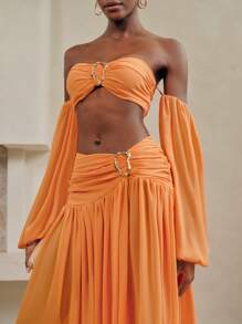 Arave 雪纺纯色抹胸式文胸背心搭配荷叶边裙，性感夏季海滩度假装女式两件套