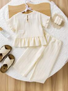 SHEIN Playful Pals Baby Girls' Simple Apricot Casual Round Neck Ruffle Sleeve Top And Pants 2 Pieces Set - Apricot - View 2