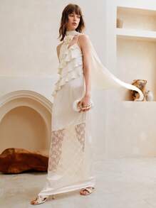 SHEIN LUNE Đầm Maxi Sexy Dây Đeo Spaghetti Màu Trơn Viền Xếp Ly Viền Xếp Nếp Cho Nữ, Thích Hợp Cho Tiệc/Hẹn Hò, Mùa Xuân/Hè - Màu be - Xem 3