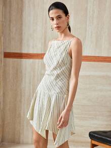 Chiquease 女士休闲优雅通勤不规则下摆条纹细肩带梭织连衣裙 - 彩色 - 查看 3