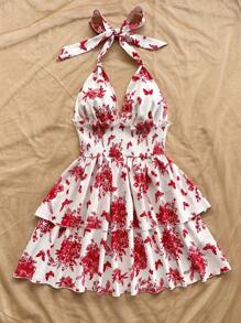 Soleia 度假夏季露背分层束腰休闲连衣裙 - 紅白色 - 查看 5