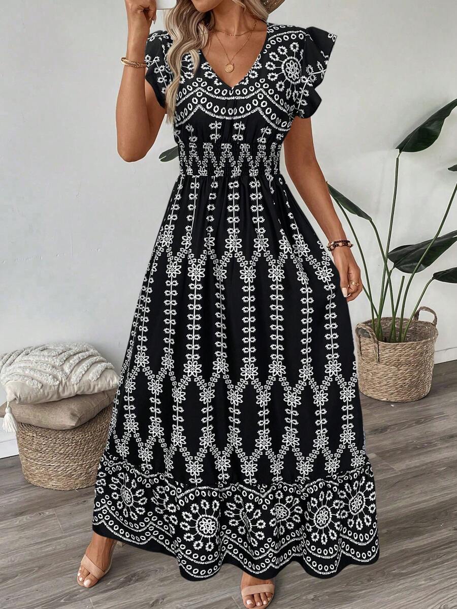 SHEIN LUNE 褶皱荷叶边荷叶袖喇叭腰下摆长裙，蓝白瓷印花，女士休闲度假优雅街头服饰 - 黑色 - 查看 1