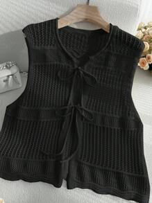 SHEIN Privé Plus Size Casual Vacation Front Tie Crochet Oversize French Cardigran Short Sleeve Sweater For Women - Black - View 6