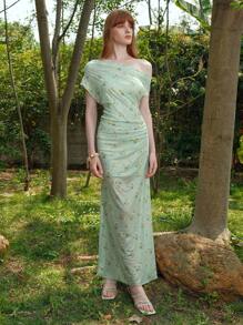 Arave Vestido de verano con diseño floral margarita en estilo francés con volantes, fruncidos y detalles de malla