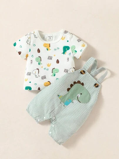 SHEIN Baby Boy Cartoon Dinosaur Print Tee & Striped Overall Romper