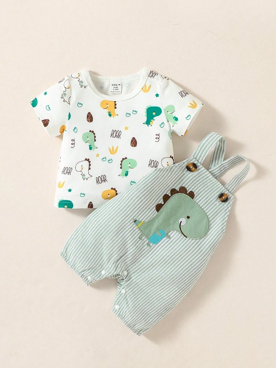SHEIN Baby Boy Cartoon Dinosaur Print Tee & Striped Overall Romper