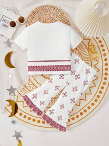 Baby Girl Casual Floral & Geometric Print Short Sleeve Round Neck Top And Pants Set, Suitable For Spring/Summer - Multicolor - View 3