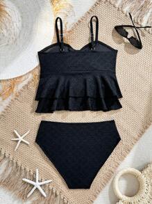 SHEIN Conjunto de bikini de niña preadolescente con tirantes de espagueti de unicolor con recorte de volantes y calado - Negro - Ver 2