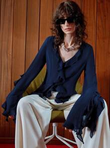 Arave Französische romantische leichte asymmetrische rüschenbesetzte locker sitzende Strickjacke für Damen