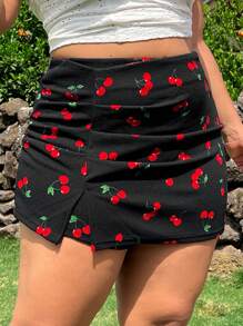 SHEIN EZwear Falda pantalón con estampado de cerezas en tallas grandes, para primavera/verano