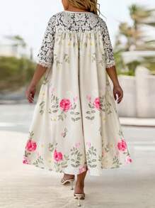 EMERY ROSE Plus Size Women Floral Print Contrast Lace 3/4 Sleeve Loose Pocket Dress - Multicolor - View 2