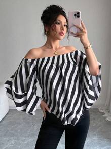 Rafferiza 优雅露肩条纹宽松衬衫，夏季 - 黑與白 - 查看 3