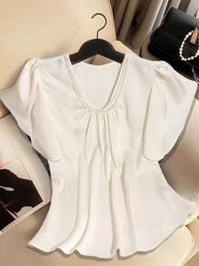 Breezaya Blusa da donna con maniche a palloncino, decorazioni a catena di perle e vestibilità ampia
