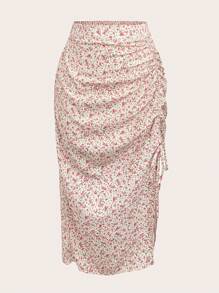 SHEIN MOOSTA Chân váy hoa nhí cỡ lớn, thích hợp cho mùa hè và mùa thu, dành cho phụ nữ. - Màu be - Xem 1