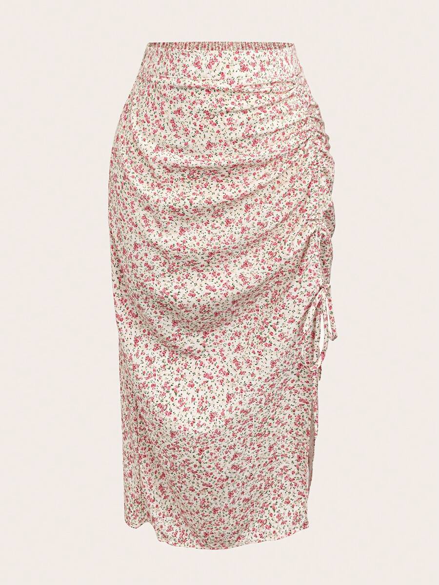 SHEIN MOOSTA Chân váy hoa nhí cỡ lớn, thích hợp cho mùa hè và mùa thu, dành cho phụ nữ. - Màu be - Xem 1