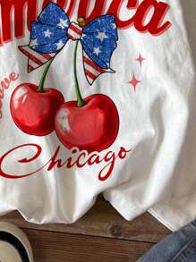 SHEIN Leap Crew Independence Day Teens Girls Casual Minimalist Knit Oversized T-Shirt With American Flag, Bow And Cherry Print, Suitable For Summer - Multicolor - View 5