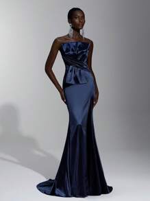 SHEIN Belle Elegantes dunkelblau schimmerndes Stretch-Satinkleid mit trägerlosen Ausschnitt, Oversized Rüschendetail, hohem Seitenschlitz, geeignet für Dates, Urlaub, Hochzeiten, formelle Anlässe, Abiball, Abschlussfeier, Party, Abendkleid, Hochzeitsgast