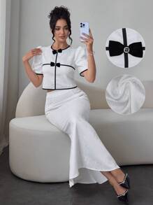 Modelyn 2 件套圆领蝴蝶结点缀拼色上衣和 3D 花卉面料鱼尾裙 - 黑與白 - 查看 6