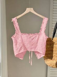 Comfortcana Pink Woven Ladies Tie Front Sweet Casual Summer Tank Top - Pink - View 2