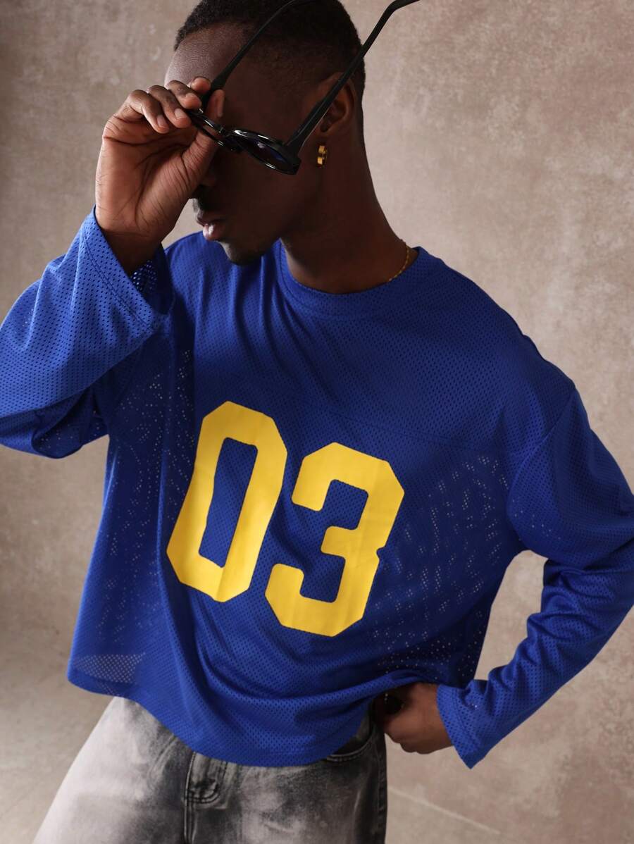 SUMWON 大学队号球衣长袖运动网眼 T 恤体育场学院制服运动街头服饰团队运动风格超大休闲编号 T 恤秋冬 2024 - 藍色 - 查看 1