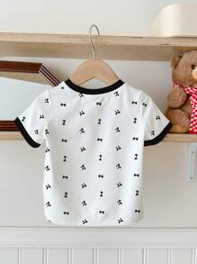 SHEIN Happikins Cute Bow Print Young Girl Casual Round Neck Short Sleeve T-Shirt, Suitable For Summer - Multicolor - View 3