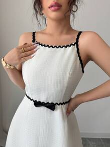 Selianne Váy ngắn họa tiết vải chất lượng cao màu mơ mùa hè cho nữ, sóng đen, ruy băng, màu tương phản, thiết kế trang trí - Màu be - Xem 6