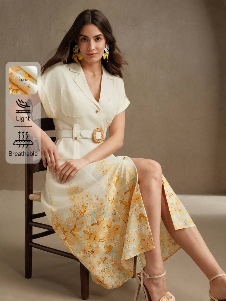 Elegantes Festkleid für Frauen, Hemdkleid mit designtem Kragen, Blume Muster und Gürtel zum Knöpfen für Party, Date, Frühlings- und Sommer-Outfits