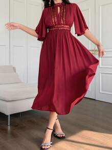 DAZY Vestido de mujer de unicolor con cuello alto, mangas con volantes y pliegues, de largo medio, color rojo - Burdeos - Ver 8
