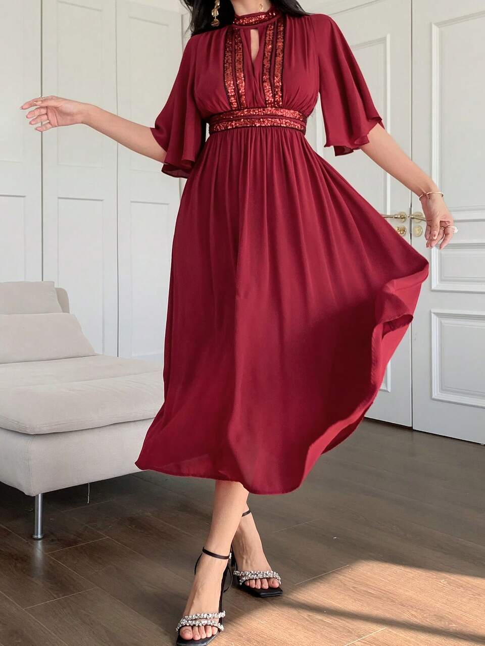 Solid Color Stand Collar Ruffle Sleeve Pleated Women's Mid-Long Dress Red Women Dress