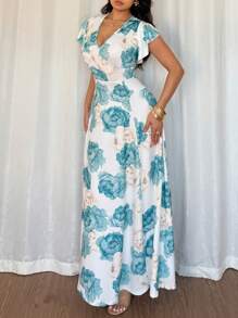 SHEIN VCAY Women's Floral Print Ruffle V Neck Maxi Dress , Spring & Summer - Green - View 4