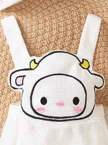 SHEIN 男女通用婴儿黄鸭刺绣装饰连体衣，可爱舒适的休闲夏季服装 - 白色 - 查看 5