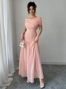 Modelyn 女式纯色弹性纹理拼布透视露肩连衣裙 - 粉色 - 查看 7