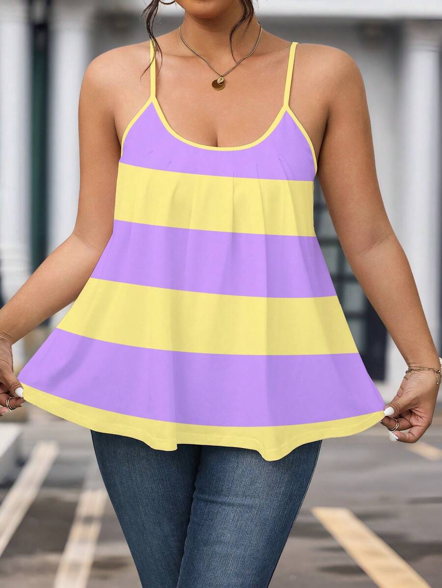 Calvaya Camiseta gráfica casual de verano/primavera con bloque de color y empalmado para mujer de talla grande y top de tirantes - Multicolor - Ver 1