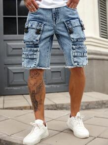 Manfinity Roughcore Herren ausgewaschene hellblaue Denim Cargo Shorts, Streetwear Loose Fit Jorts - Helle Waschung - Übersicht 4