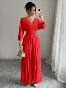 Rafferiza 女士纯色长袖连体裤，夏季时尚 - 紅色 - 查看 5